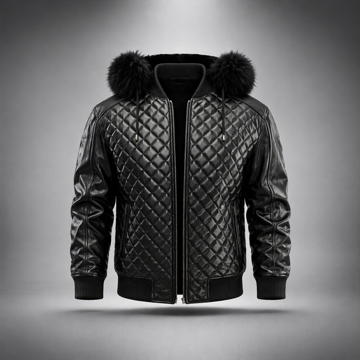 Men’s Diamond Quilted Leather Bomber Jacket with Hood