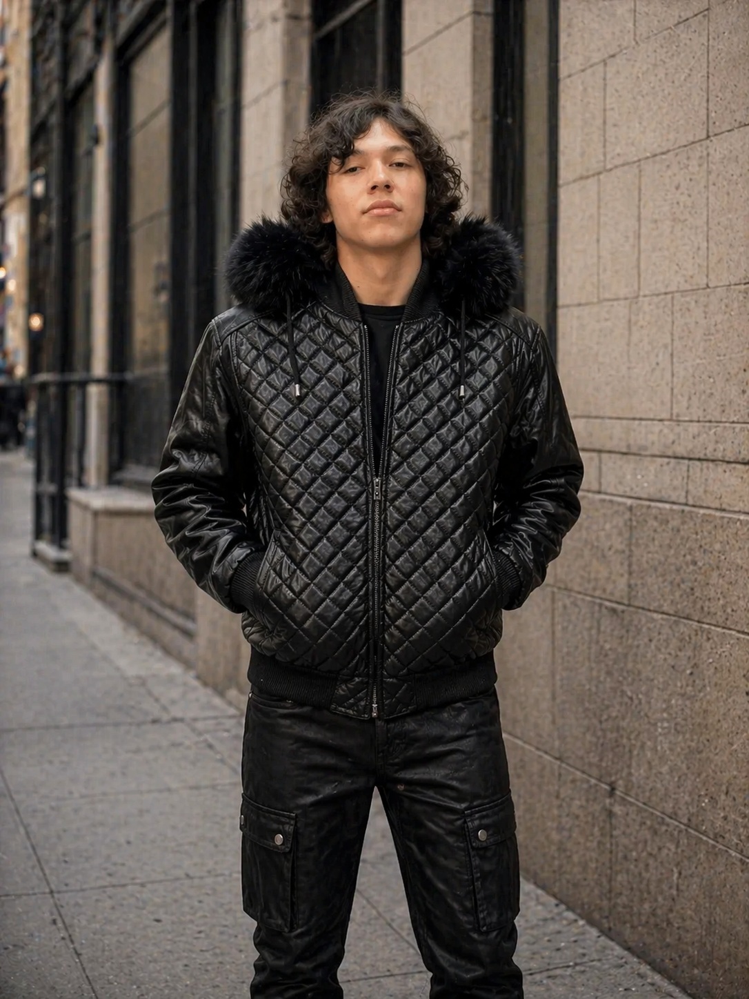 Men’s Diamond Quilted Leather Bomber Jacket with Hood