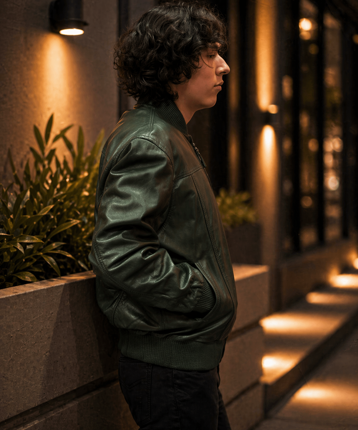 Men’s Green Leather Baseball Bomber Jacket