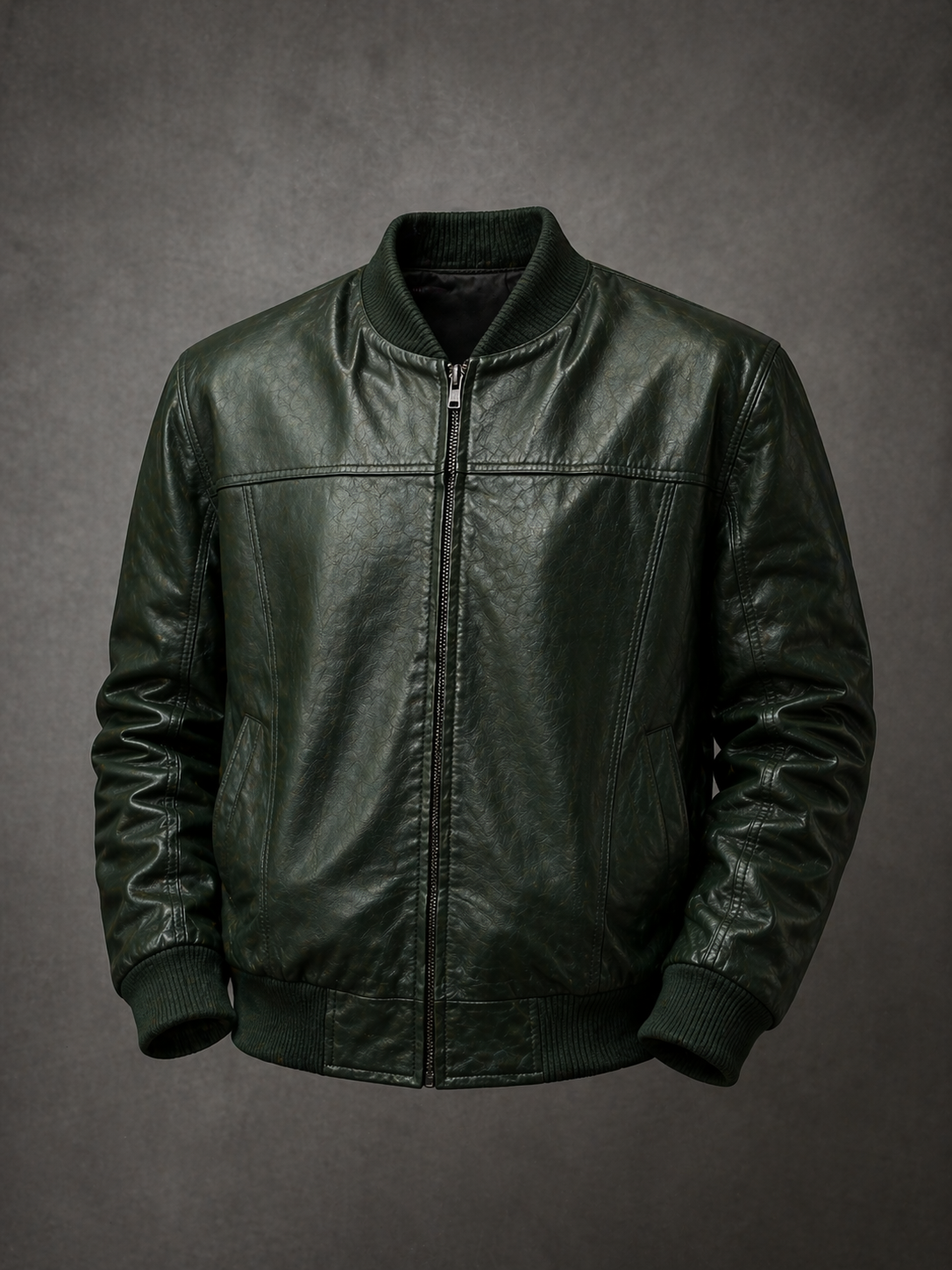 Men’s Green Leather Baseball Bomber Jacket