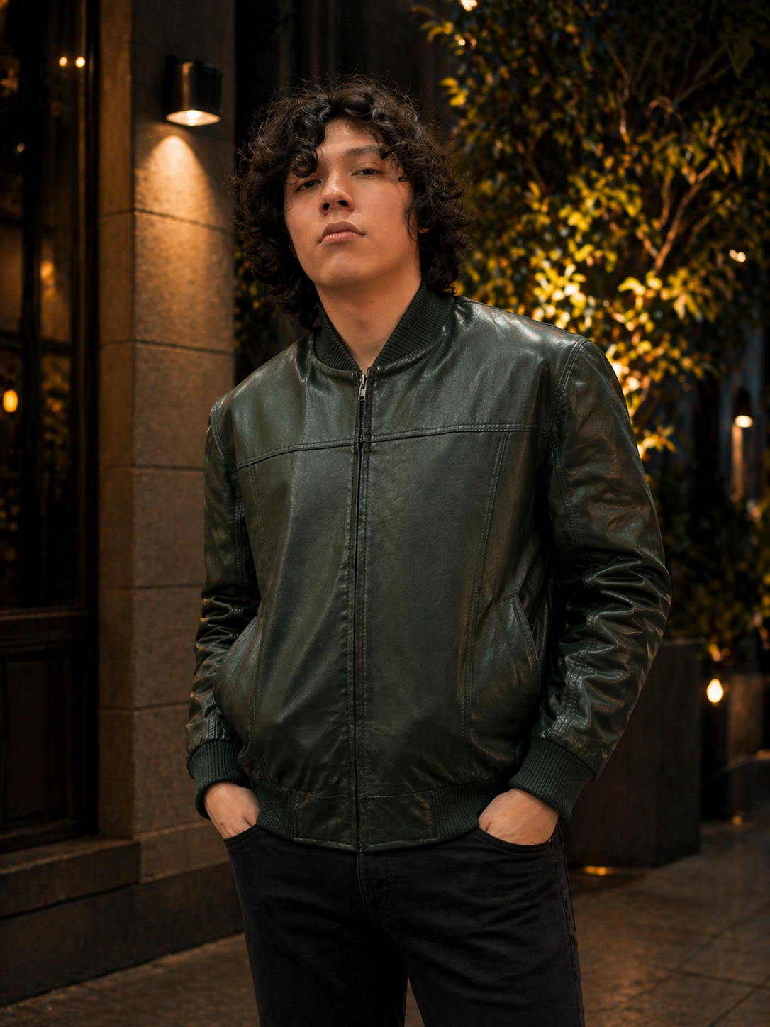 Men’s Green Leather Baseball Bomber Jacket