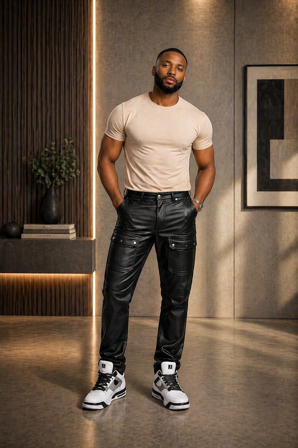Men’s Black Leather Cargo Pants with Front Pockets