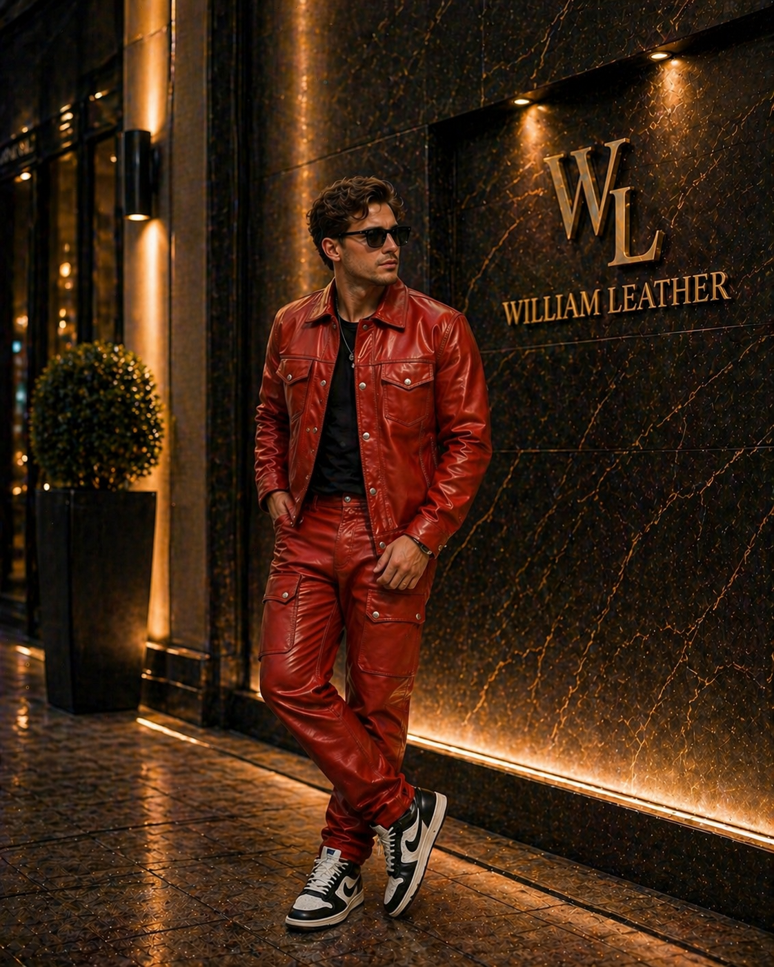 Men's Leather Jean Levi's Jacket And Cargo Pants Set [RED]