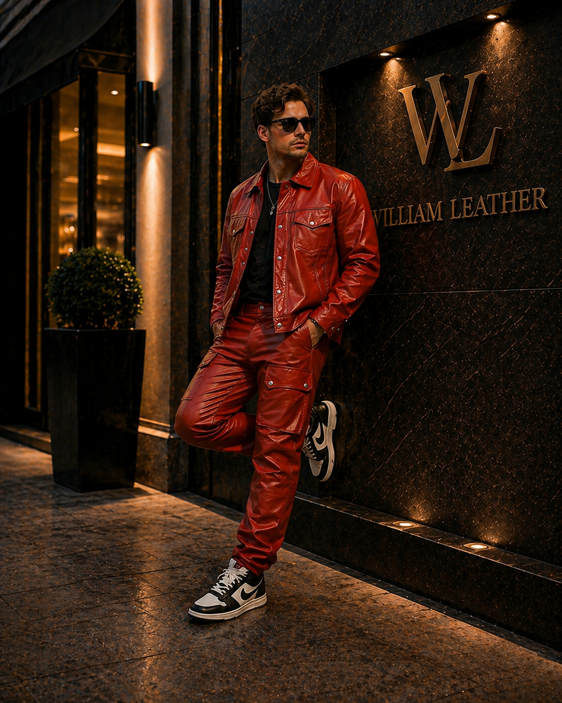 Men's Leather Jean Levi's Jacket And Cargo Pants Set [RED]