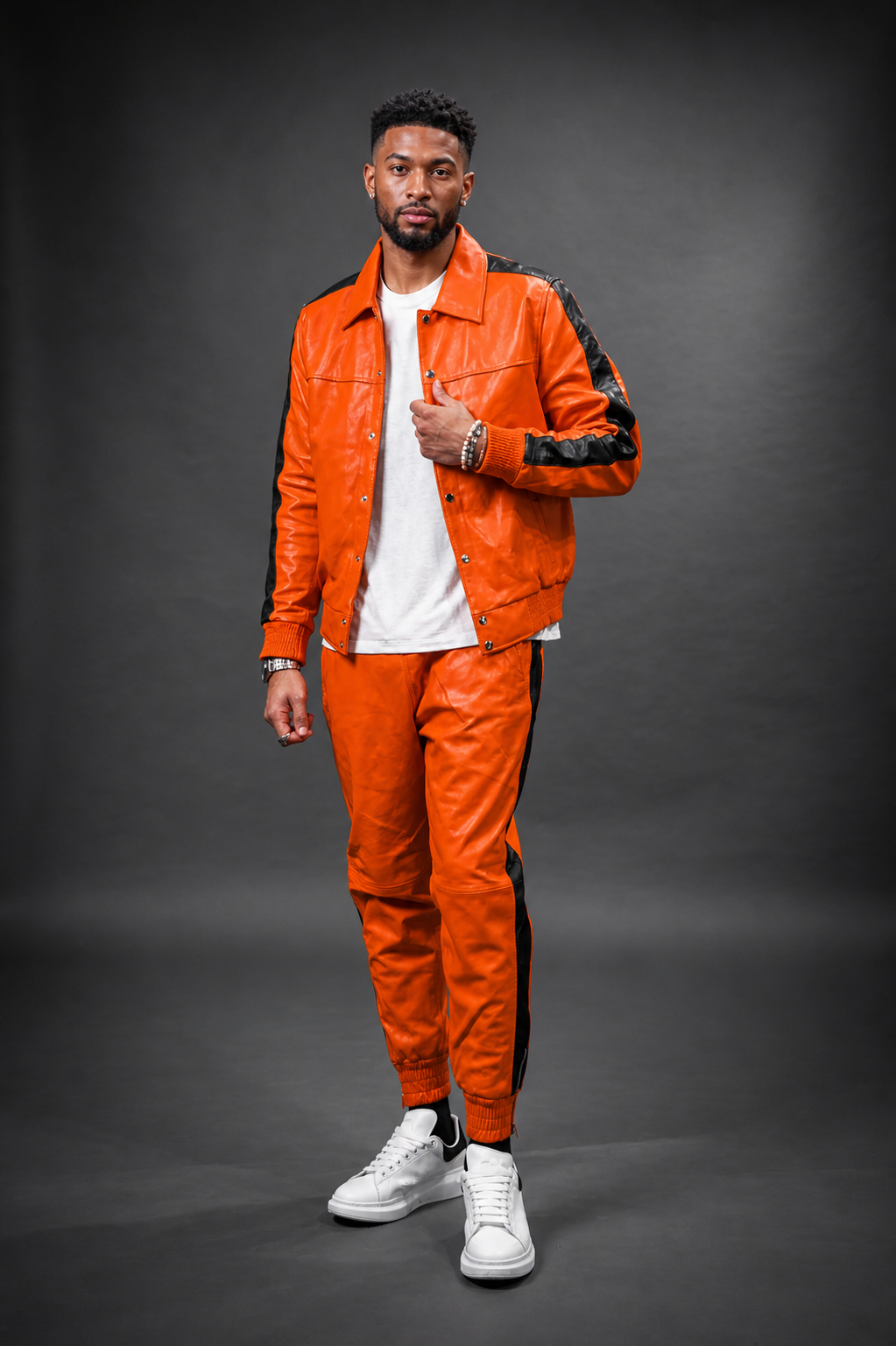 Men's Leather Track Suit Sweatsuit [Orange] - William Leather