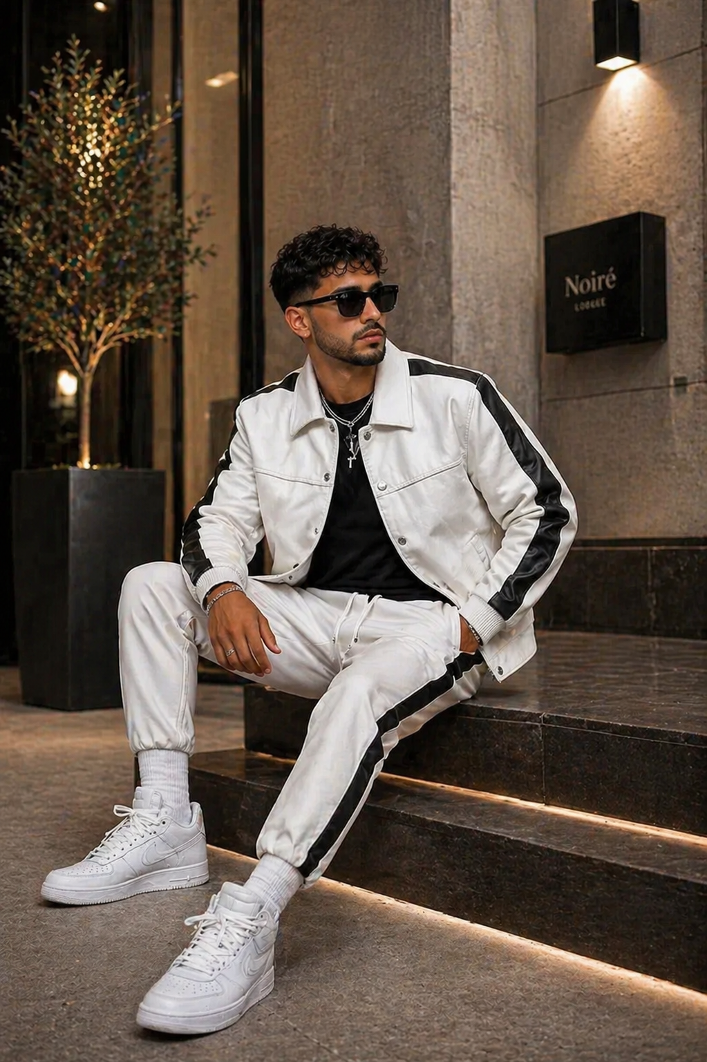 Men's Leather Track Suit Sweatsuit [White/Black]