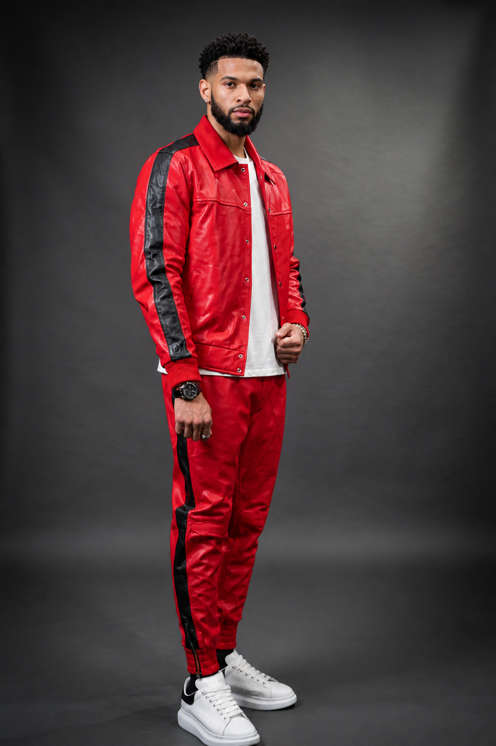 Men's Leather Track Suit Sweatsuit [Red] - William Leather