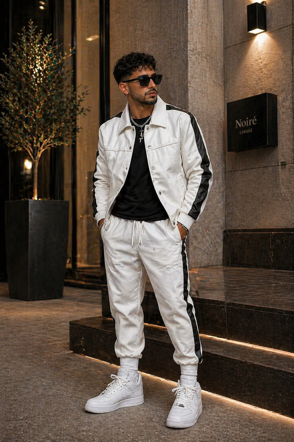 Men's Leather Track Suit Sweatsuit [White/Black]