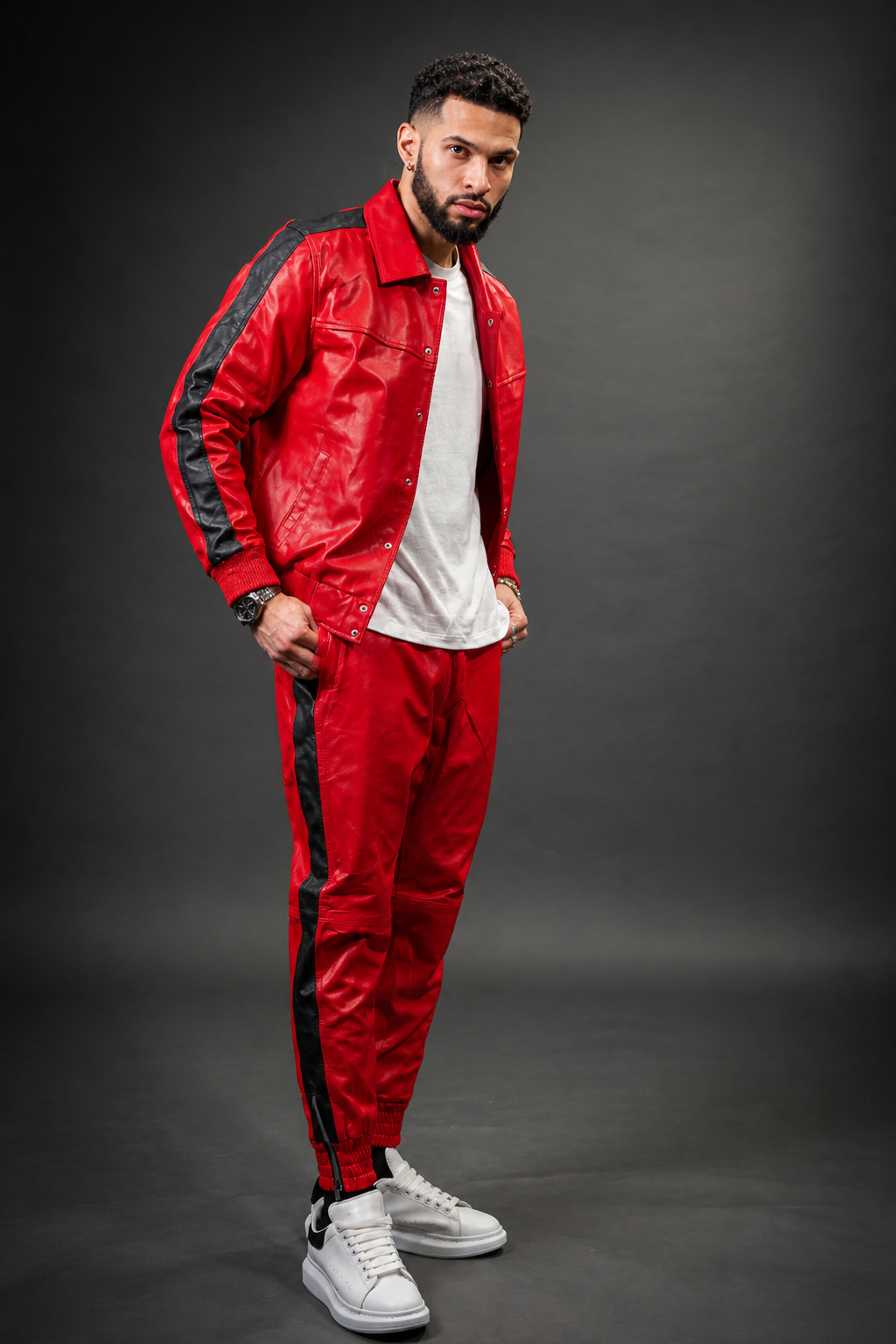 Men's Leather Track Suit Sweatsuit [Red]