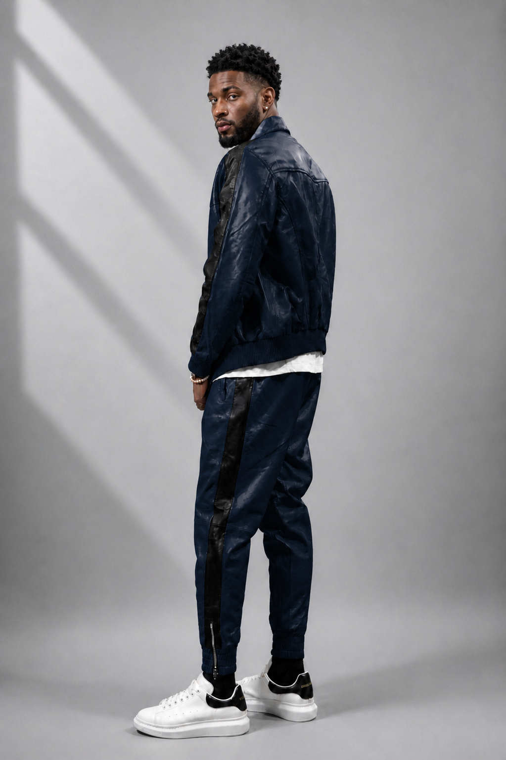 Men's Leather Track Suit Sweatsuit [navy blue] - William Leather