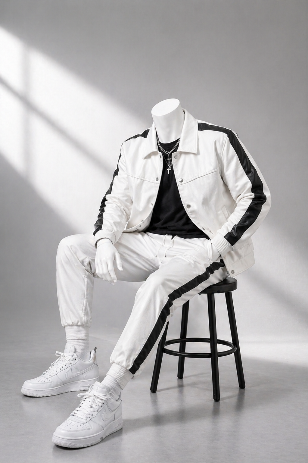 Men's Leather Track Suit Sweatsuit [White/Black]