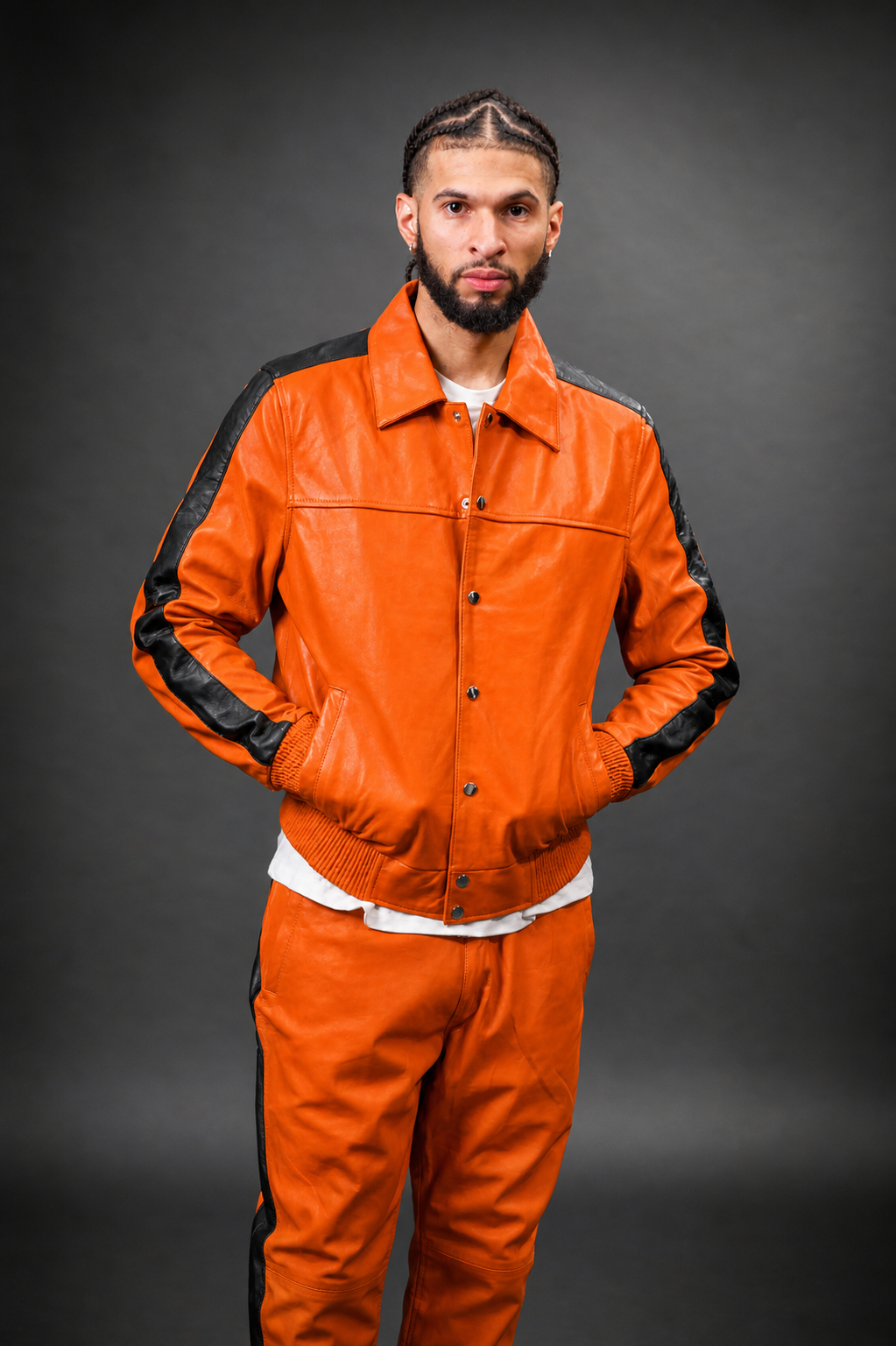 Men's Leather Track Suit Sweatsuit [Orange] - William Leather