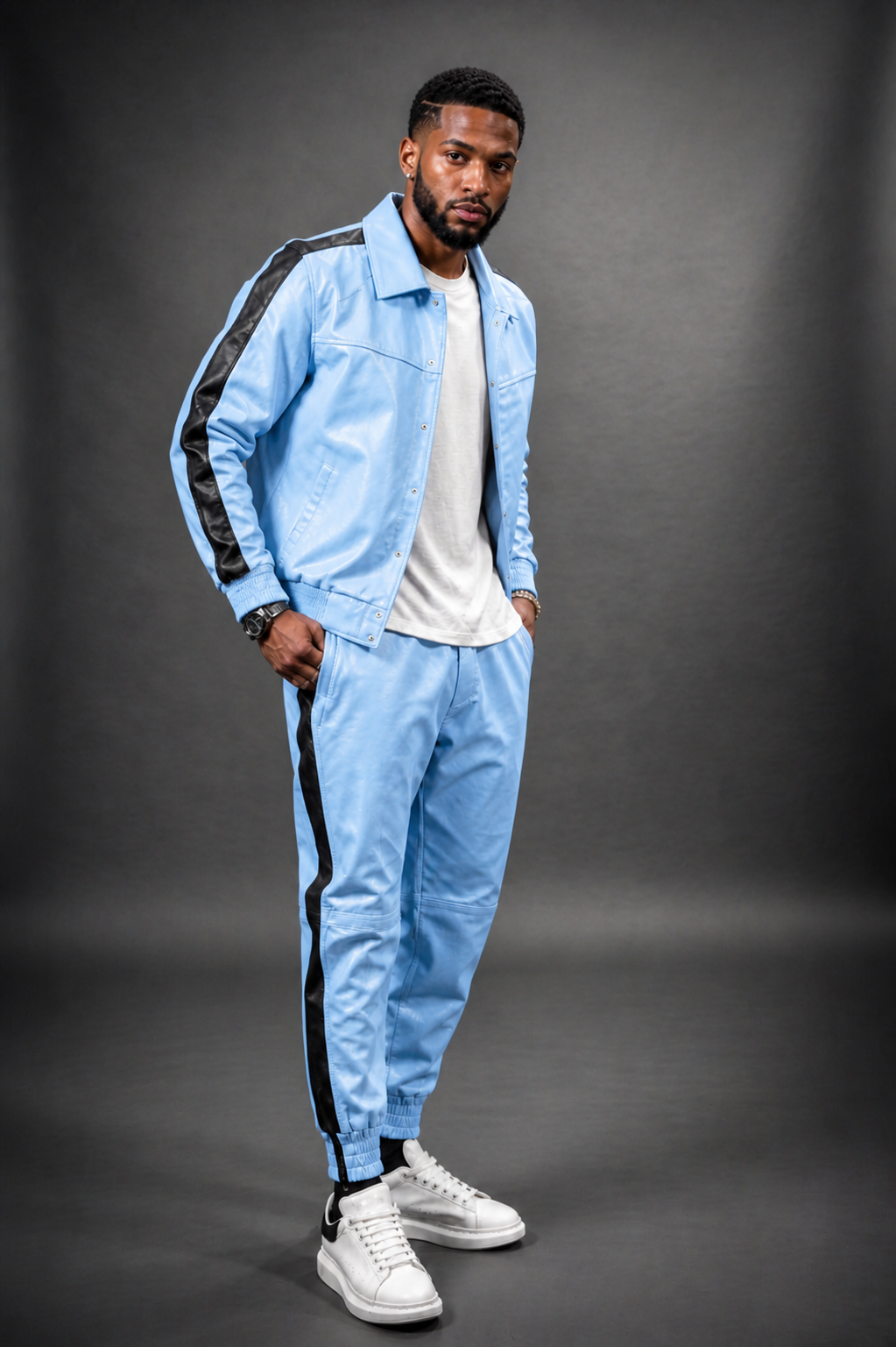 Men's Leather Track Suit Sweatsuit [light blue]