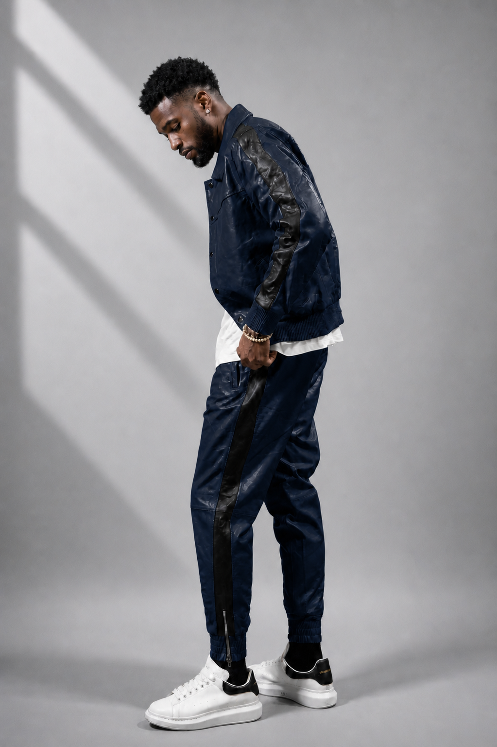 Men's Leather Track Suit Sweatsuit [navy blue] - William Leather