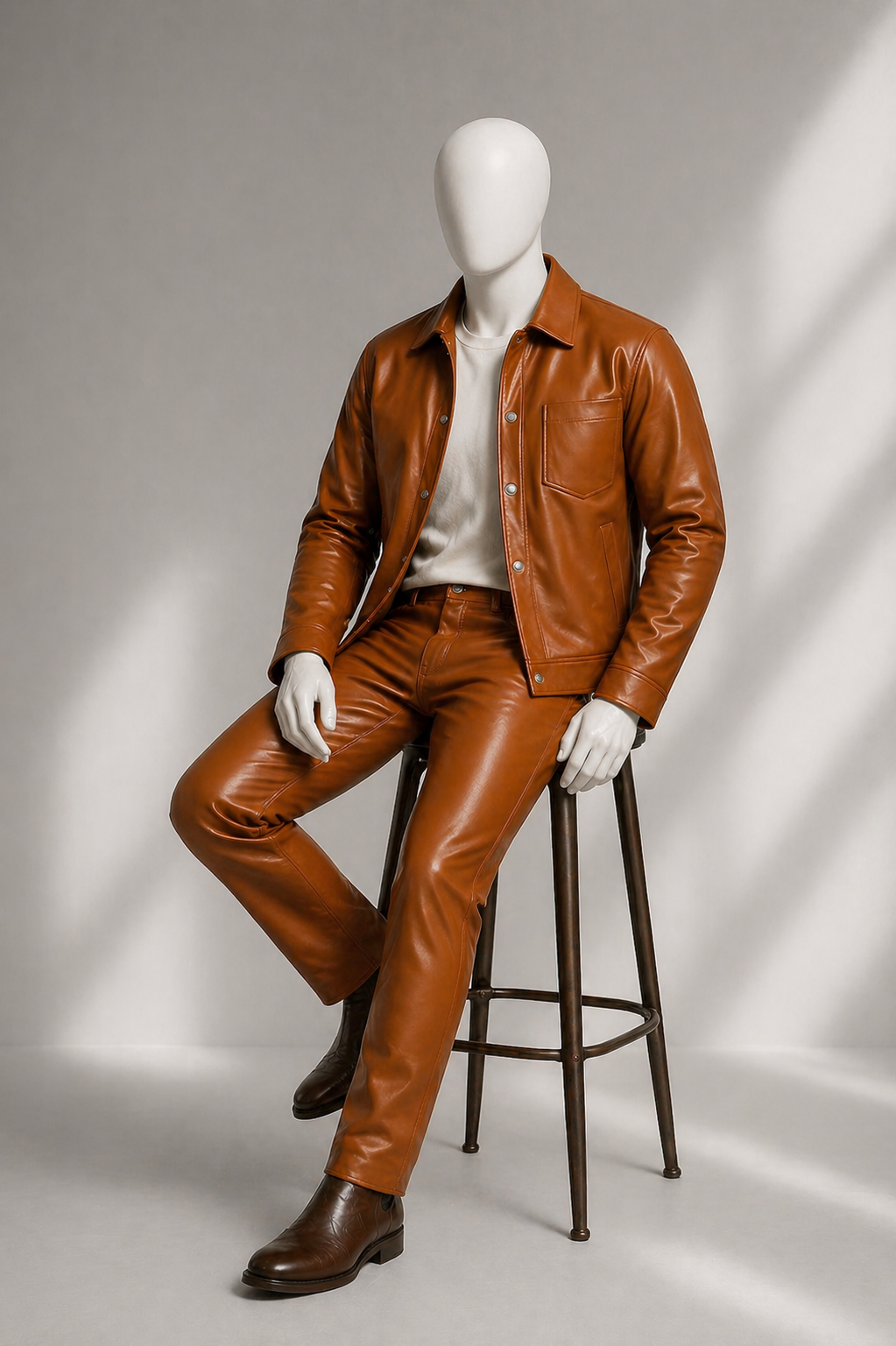 Men's Luka Leather Shirt And Pants Set [Saddle Brown]