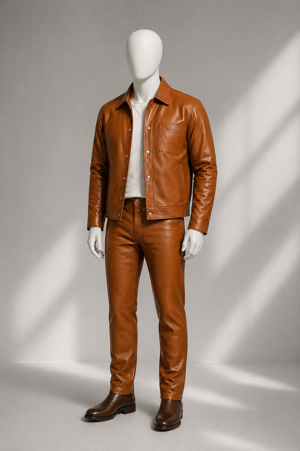 Men's Luka Leather Shirt And Pants Set [Saddle Brown]