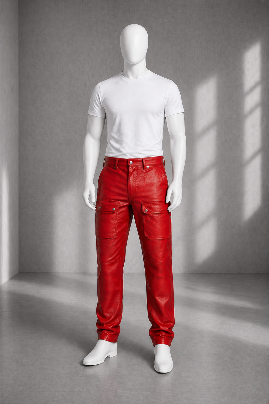 Men’s Red Leather Cargo Pants with Front Pockets