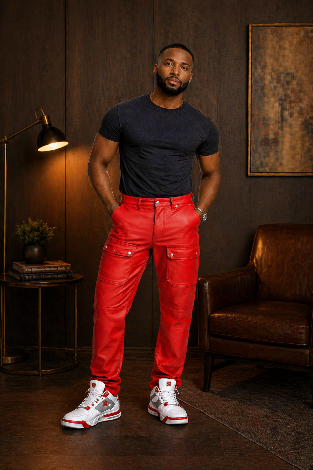 Men’s Red Leather Cargo Pants with Front Pockets