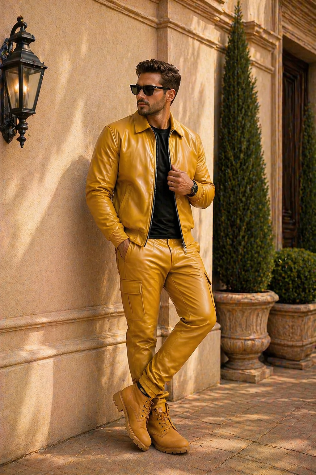 Men's Sunshine Set With Leather Stack Pants [Yellow]