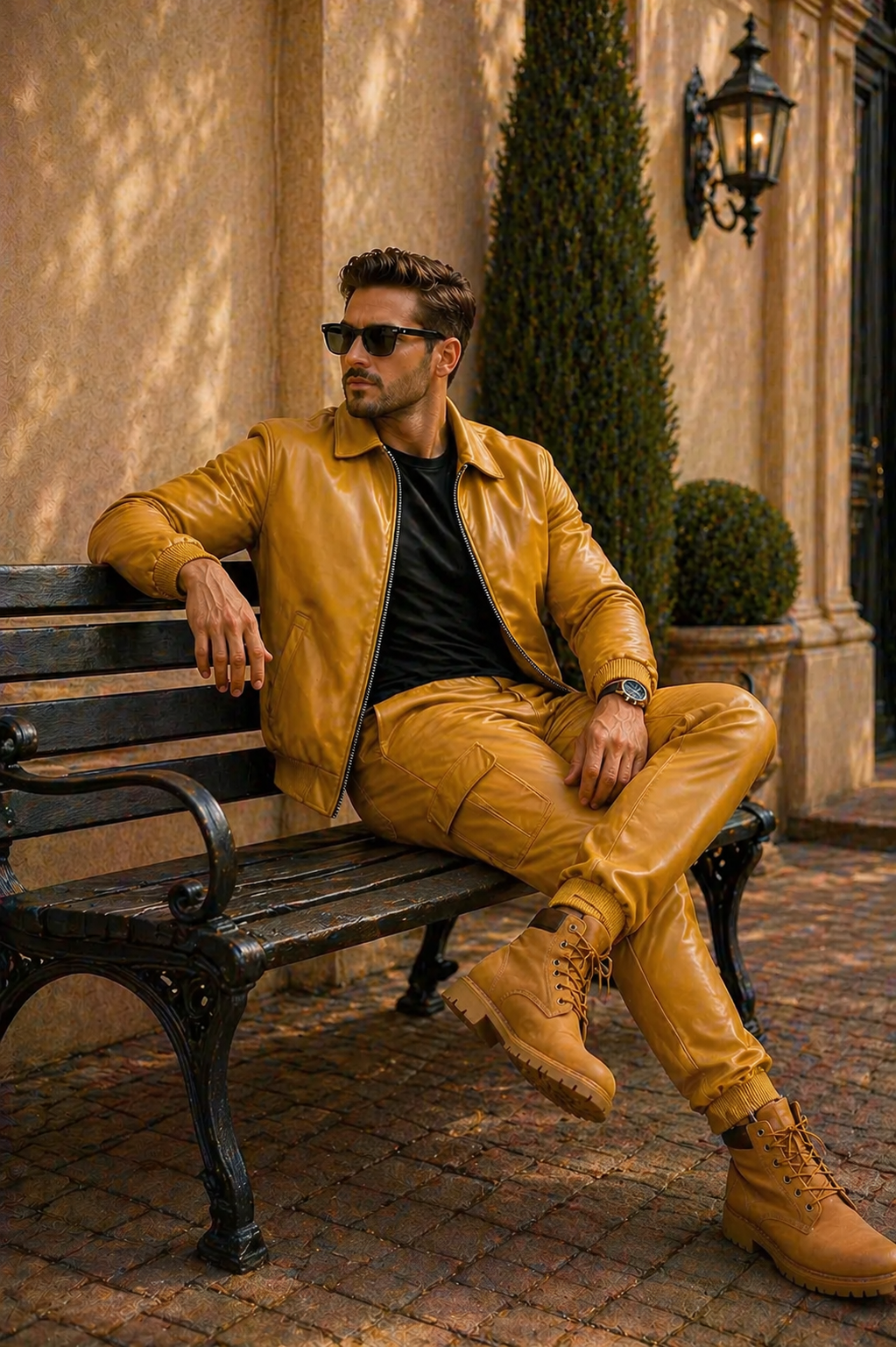 Men's Sunshine Set With Leather Stack Pants [Yellow]