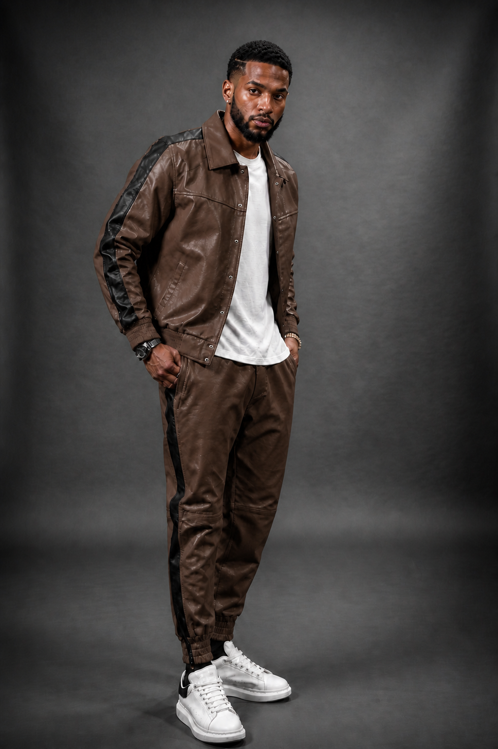 Men's Leather Track Suit Sweatsuit [Brown] - William Leather