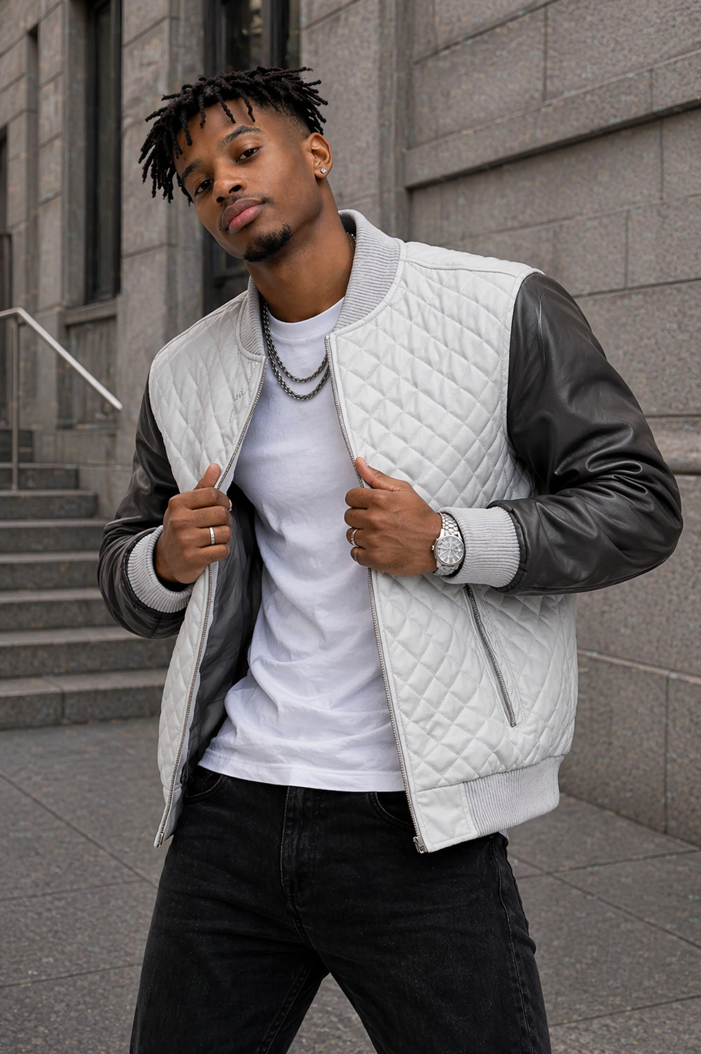 Men’s White & Black Diamond Quilted Leather Bomber Jacket