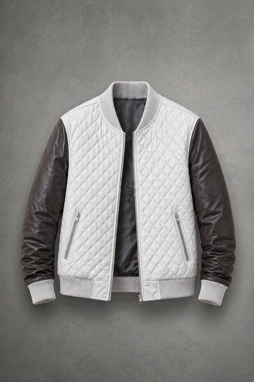 Men’s White & Black Diamond Quilted Leather Bomber Jacket