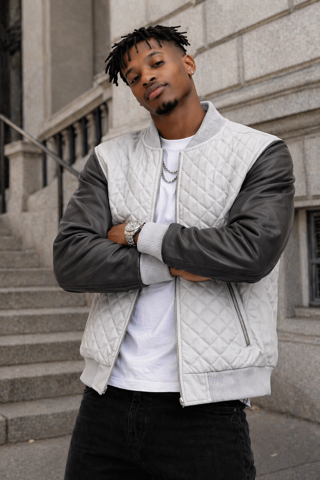 Men’s White & Black Diamond Quilted Leather Bomber Jacket