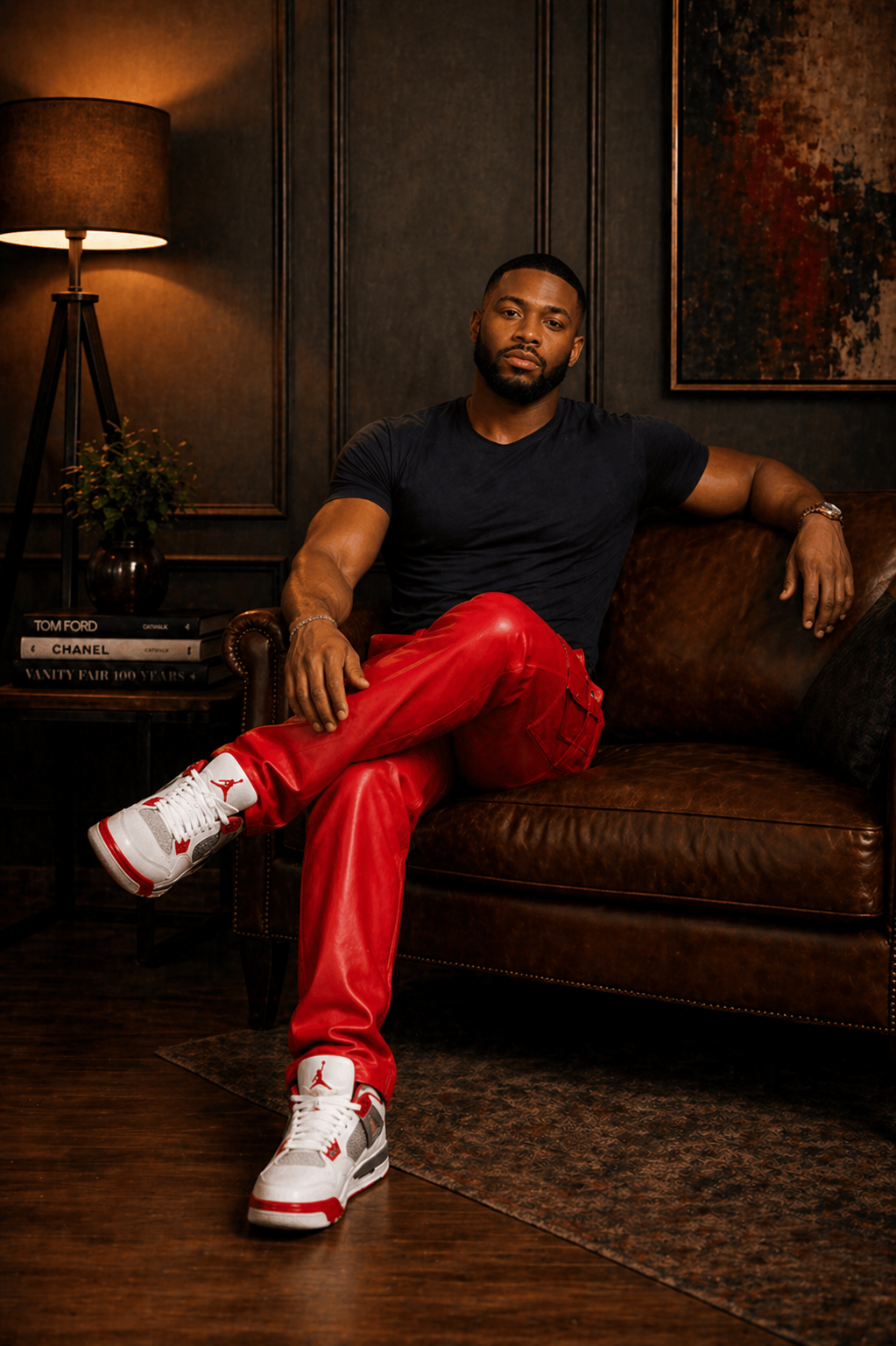 Men’s Red Leather Cargo Pants with Front Pockets