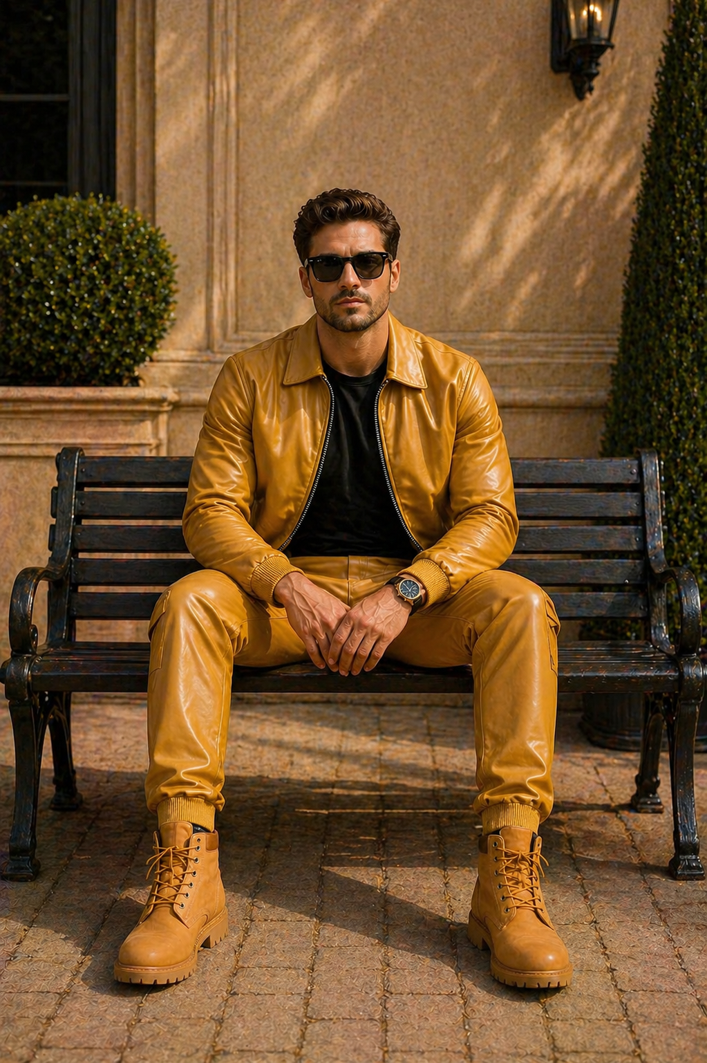Men's Sunshine Set With Leather Stack Pants [Yellow]