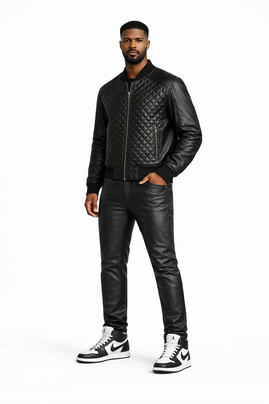Men’s Black Diamond Quilted Baseball Bomber Jacket with Regular Pants Set