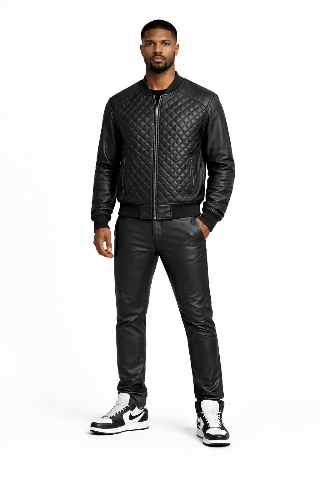 Men’s Black Diamond Quilted Baseball Bomber Jacket with Regular Pants Set