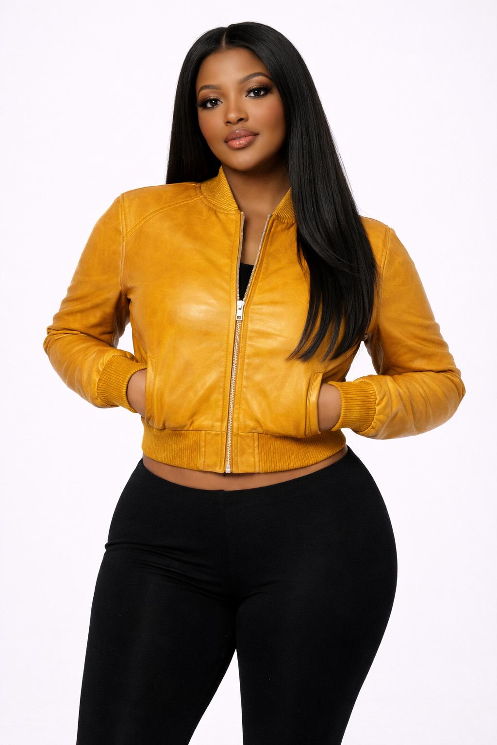 Women’s Yellow Cropped Leather Jacket – Slim Fit Stylish Zip-Up
