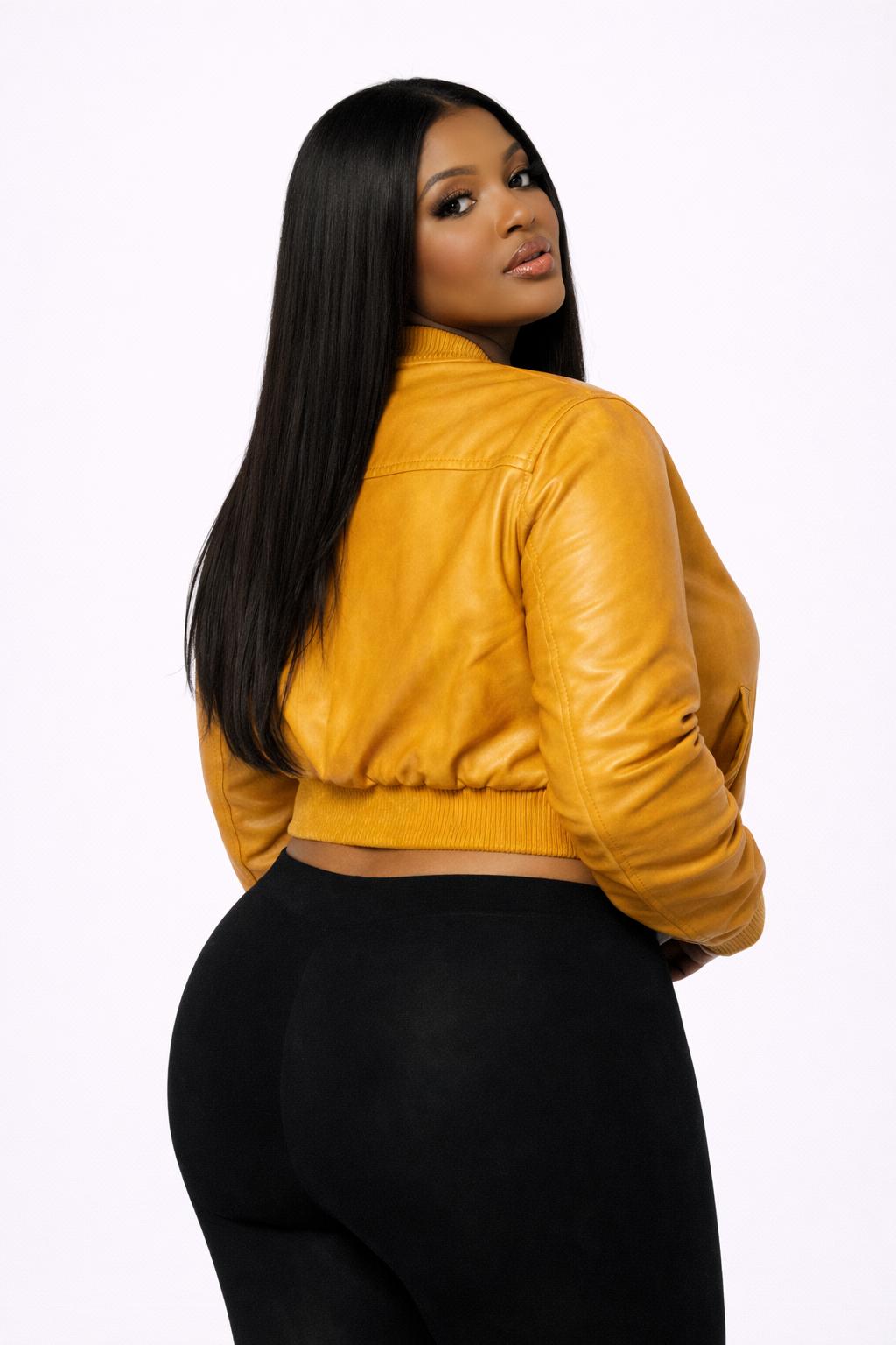 Women’s Yellow Cropped Leather Jacket – Slim Fit Stylish Zip-Up