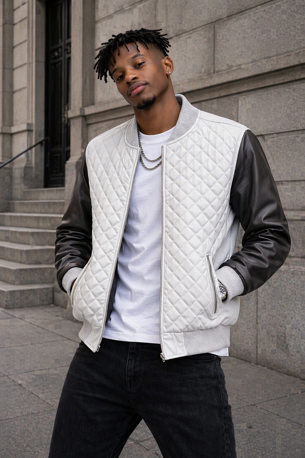 Men’s White & Black Diamond Quilted Leather Bomber Jacket