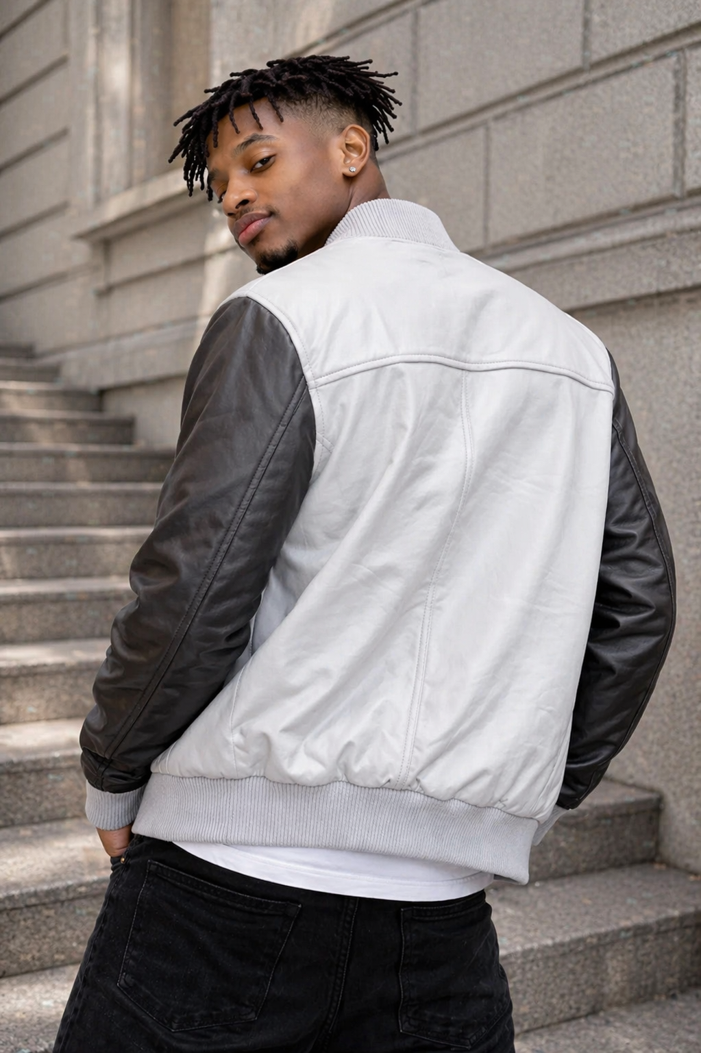Men’s White & Black Diamond Quilted Leather Bomber Jacket