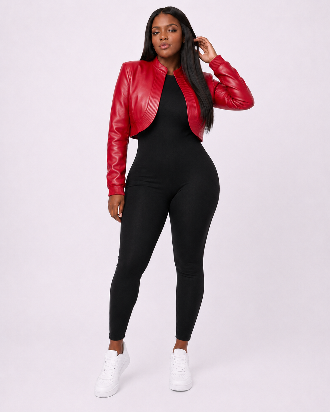Women’s red cropped leather bomber jacket on model