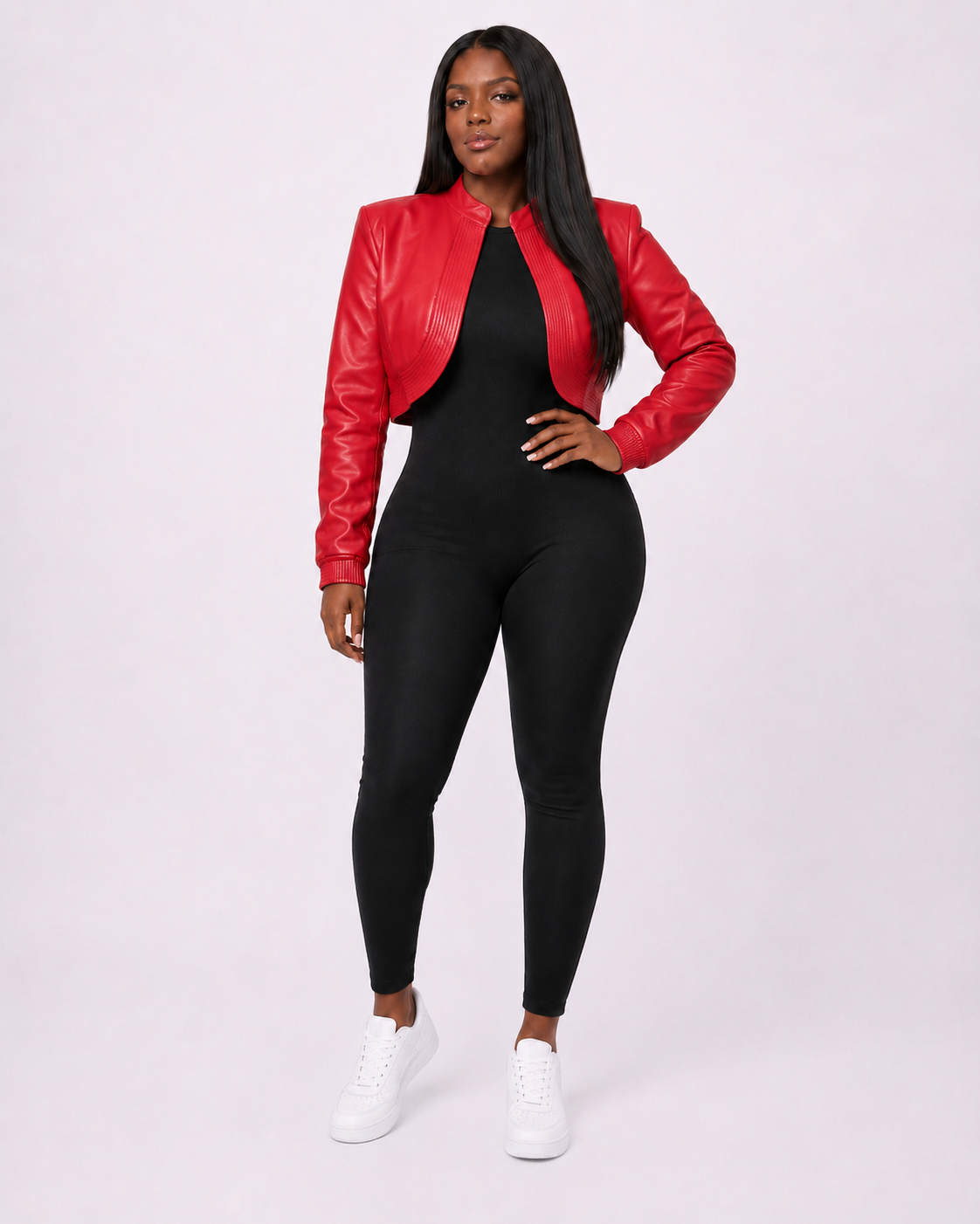 Women’s red cropped leather bomber jacket on model