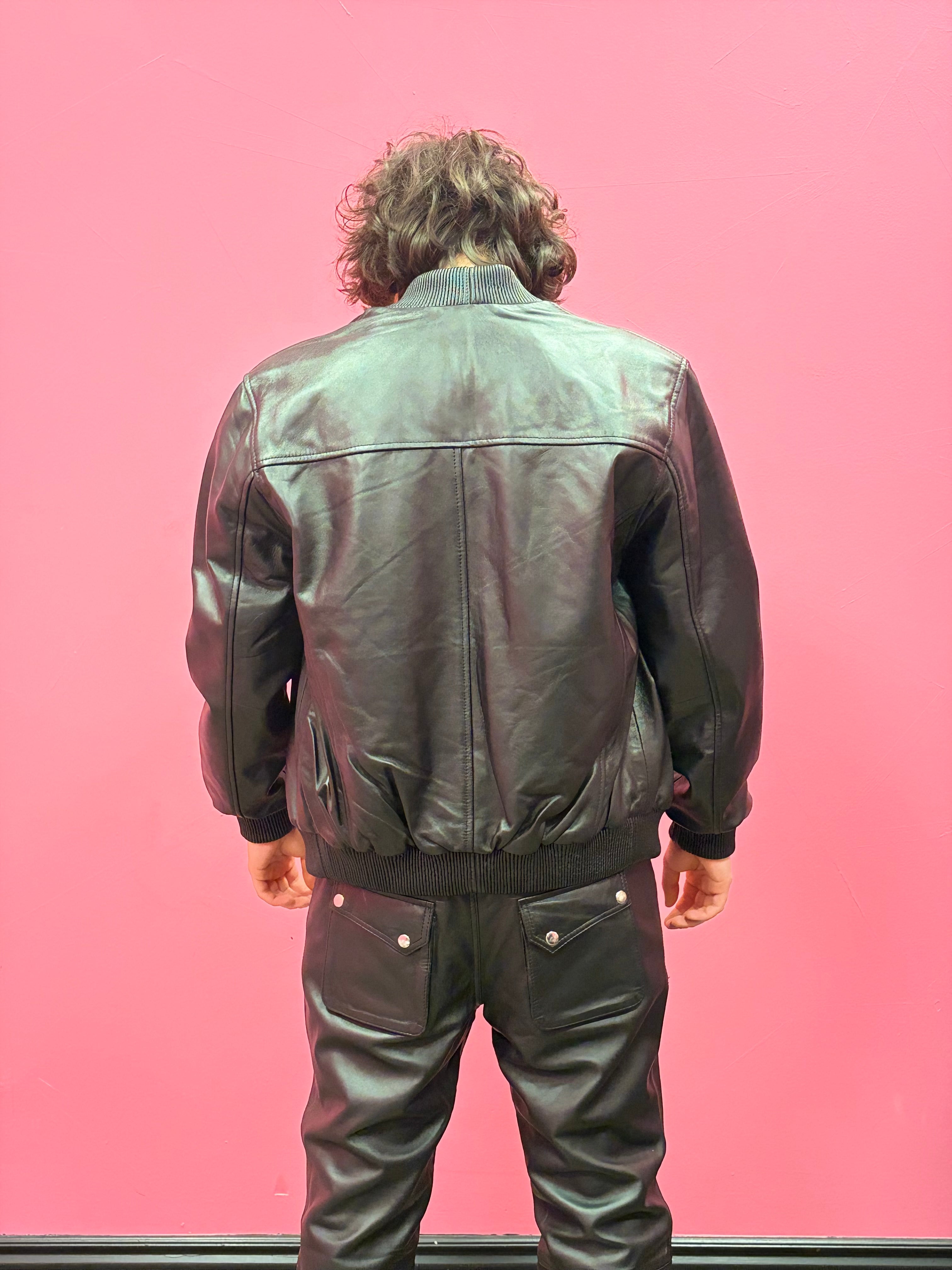 Men’s Black Leather Baseball Bomber Jacket