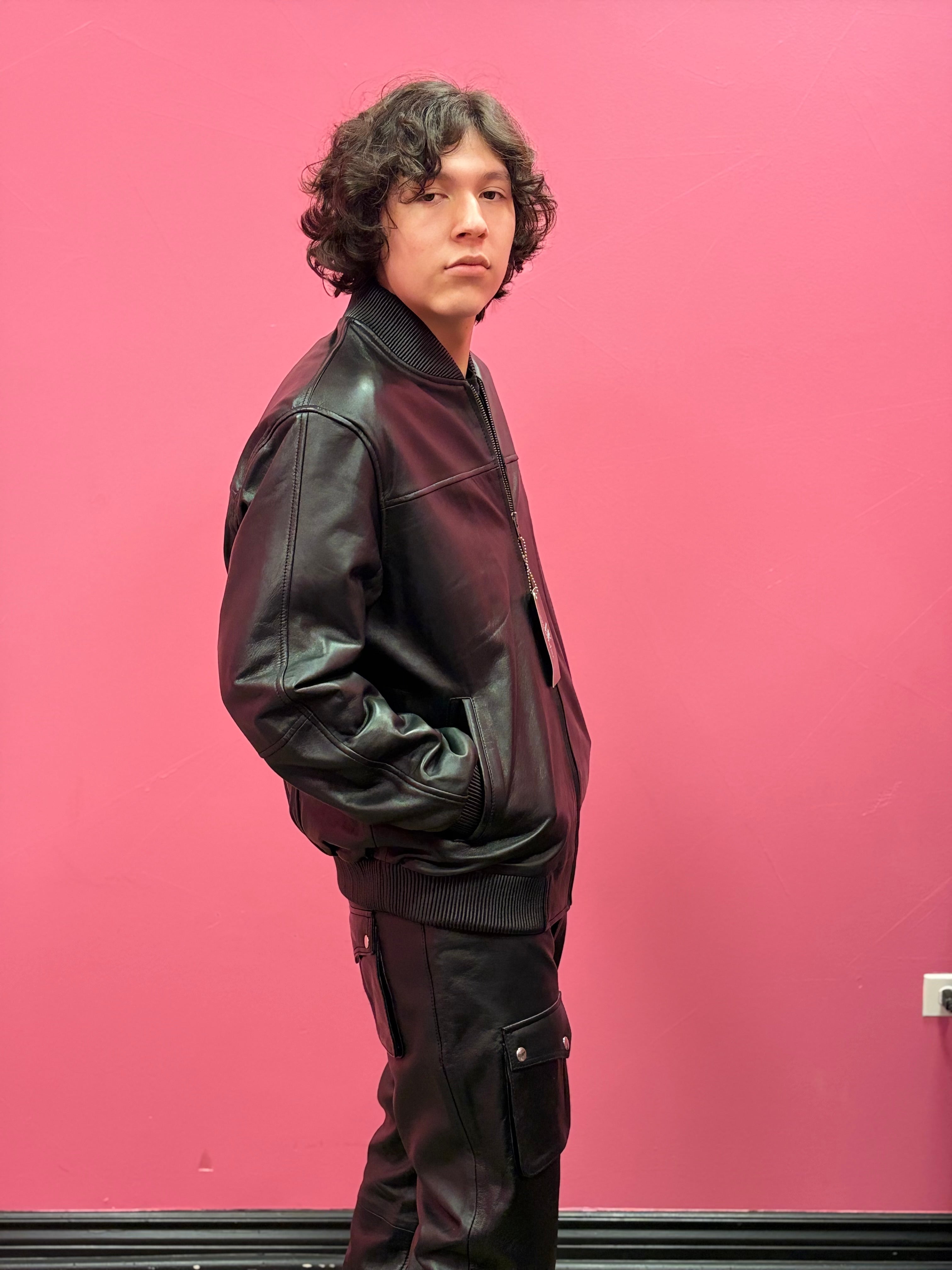 Men’s Black Leather Baseball Bomber Jacket